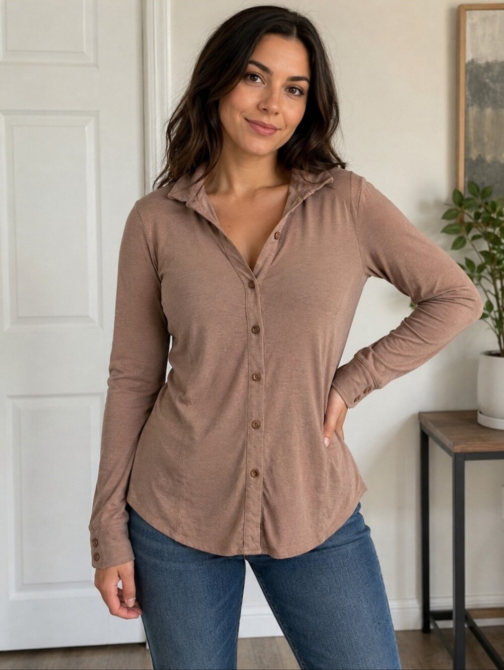Anatomie Made In italy Long Sleeve Stretchy Button Down Shirt Size Small Mauve